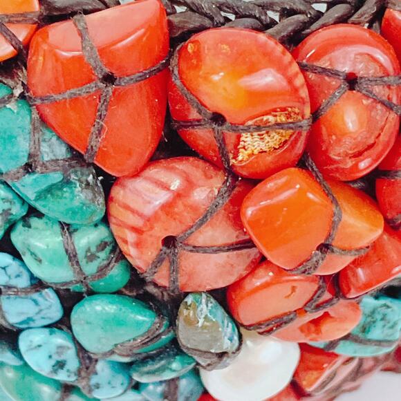 Signed SOMS TH Turquoise Coral Pearl Boho Artisan Woven Adjustable Cuff Bracelet - Picture 3 of 9